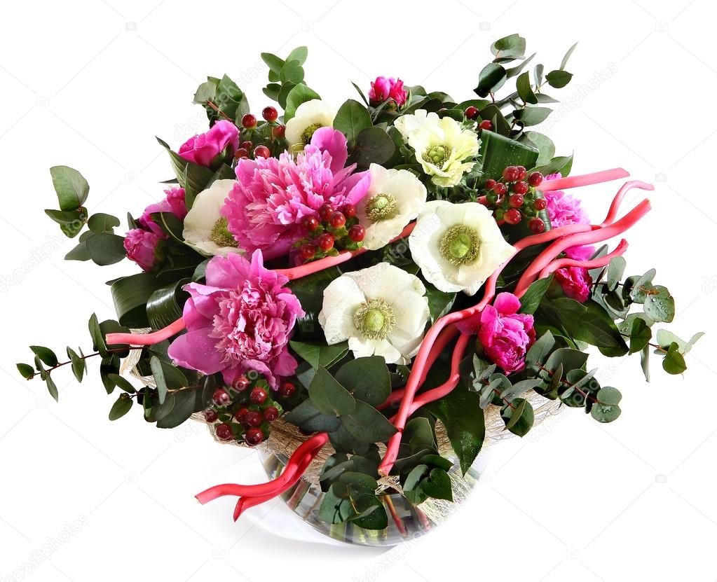 Design a bouquet of pink peonies, white poppies, and hypericum. Pink flowers, white flowers. Flower arrangement isolated on white background.