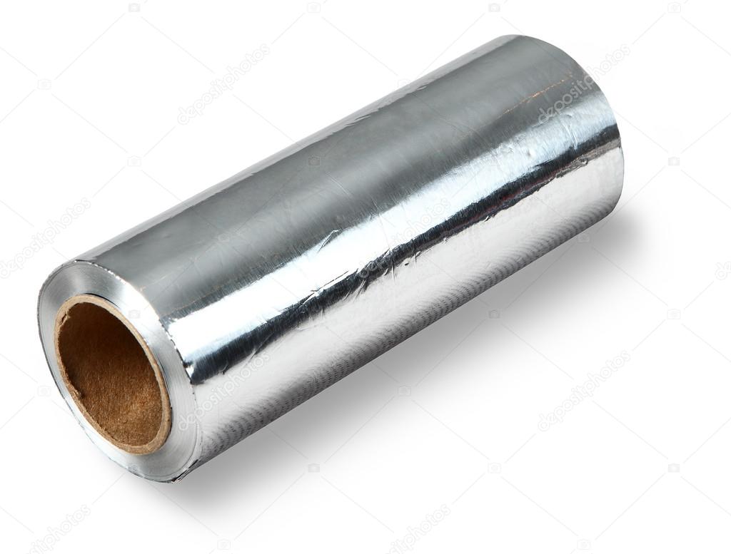 Large roll of aluminum foil food, isolated on white background.