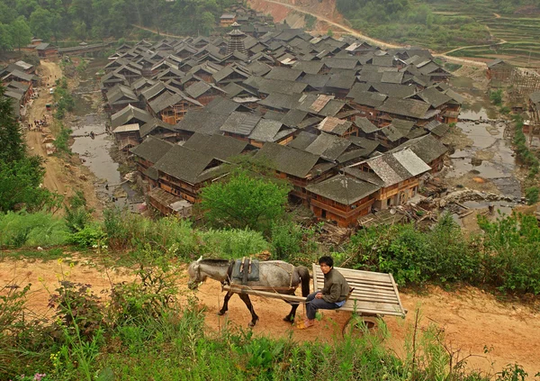 Ló húz a gazdával, háttérben a kínai falu kosár. — Stock Fotó