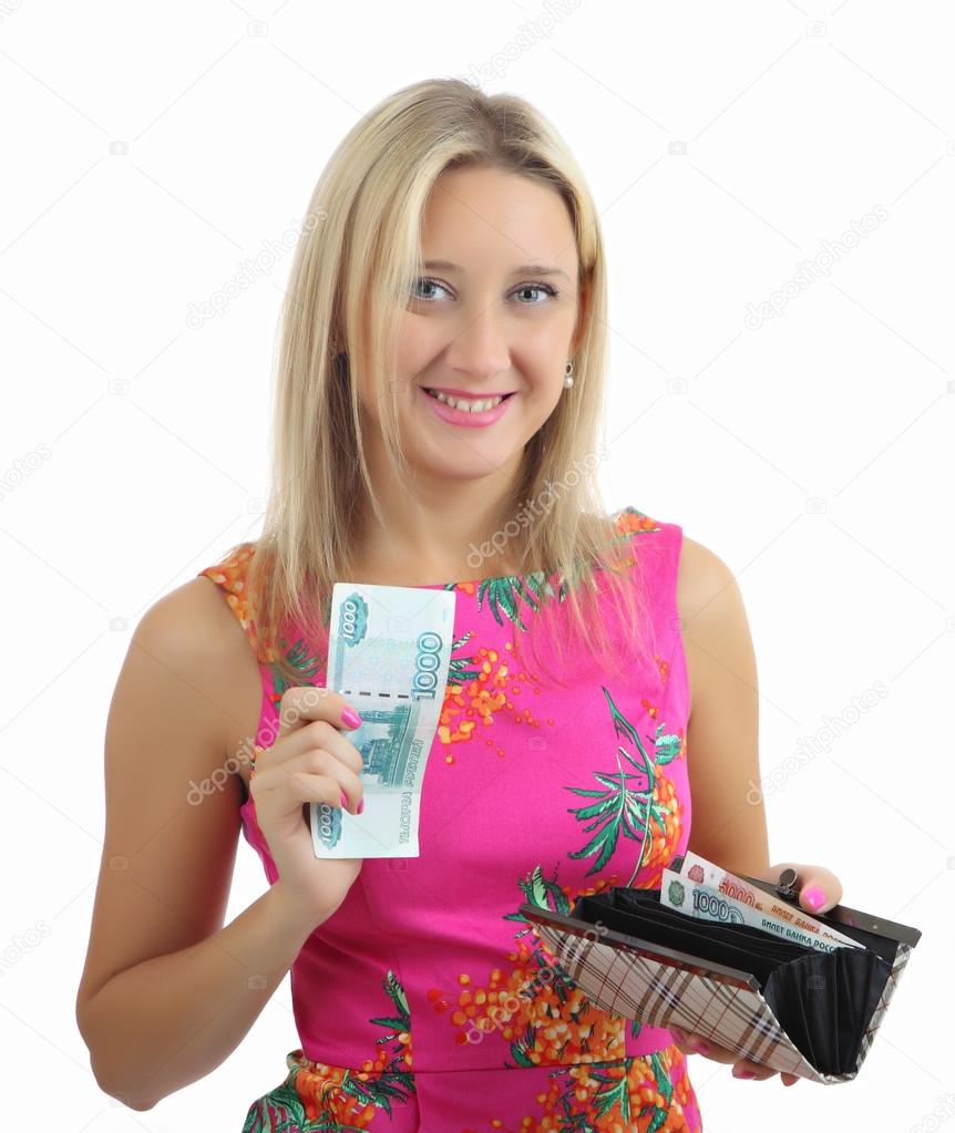 Woman in pink dress, took banknote from her purse.