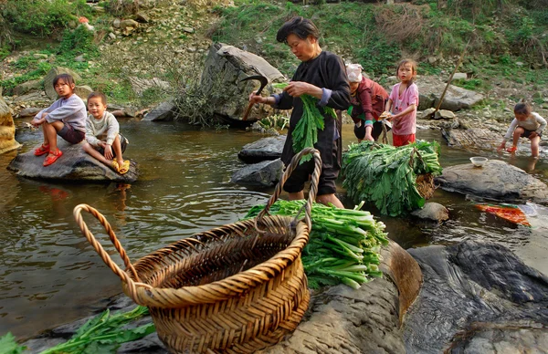 Азіатські жінки з дітьми на сільській річці, мити салат. — стокове фото