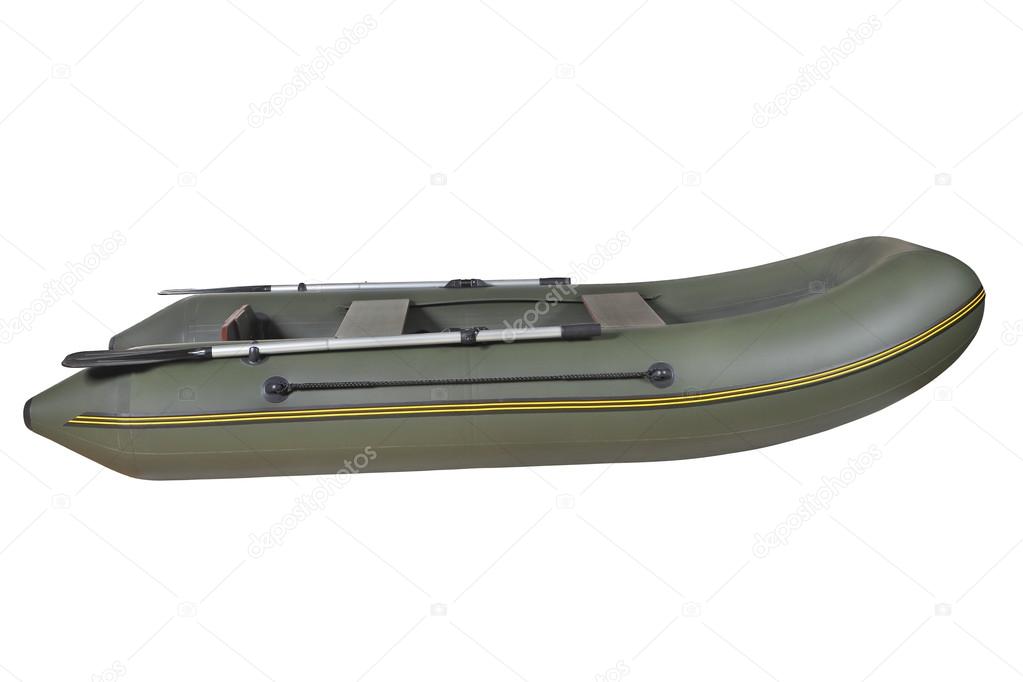 Green, rubber, inflatable rowing boat, isolated on white background
