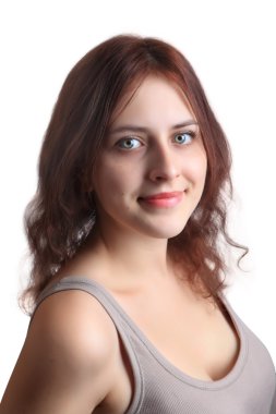 Kızıl saçlı beyaz kız bej gömlek, closeup 18 yaşında.