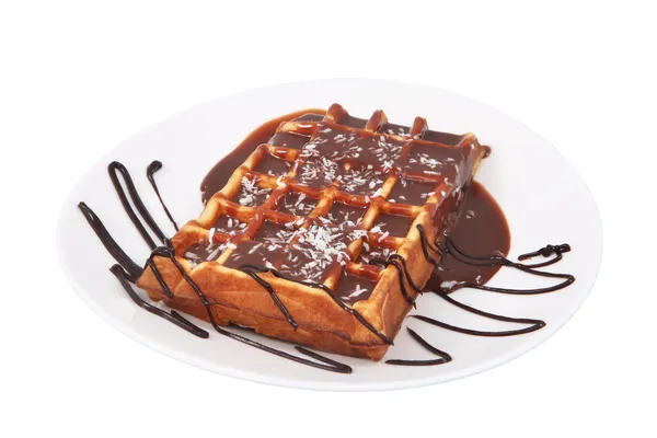 Belgian waffle with melted chocolate and coconut isolated on whi — Stock Photo, Image