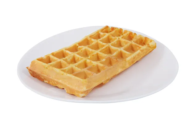 One Belgian waffle on plate, isolated on white background. — Stock Photo, Image