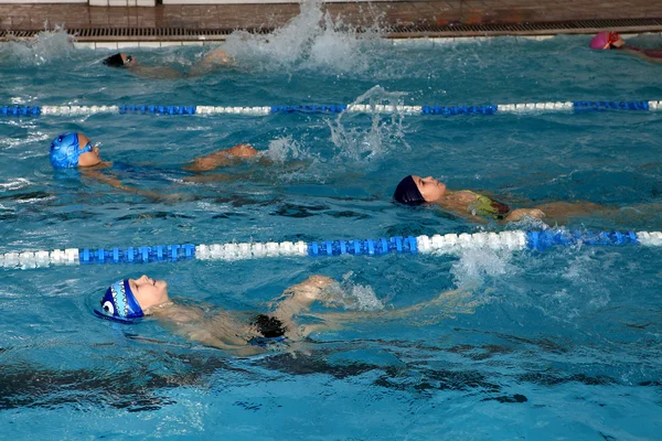Děti, plavání, školení v oblasti sportu, krytý, veřejné plavání po — Stock fotografie
