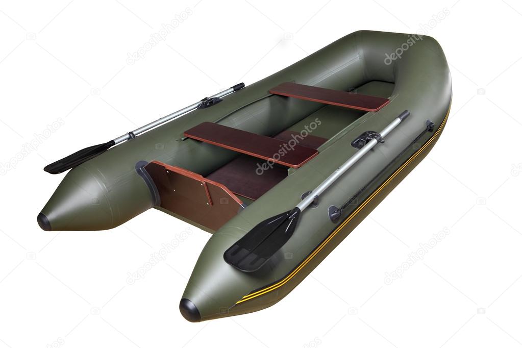 Inflatable rubber boat made of PVC, green, double, with oars.