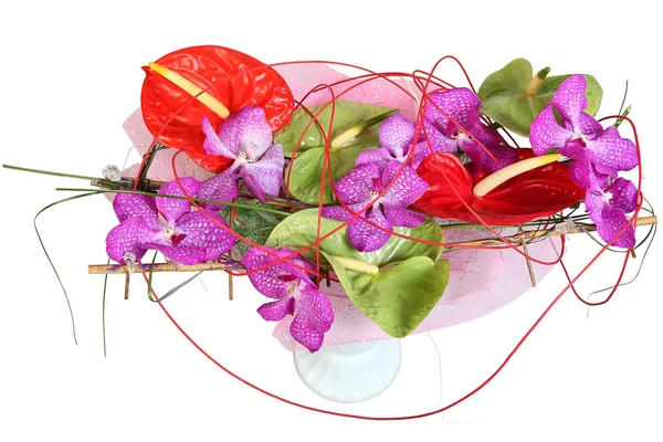 Komposisi bunga dengan anggrek dan anthurium, buket bunga — Stok Foto