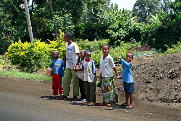 Enfants africains à la peau foncée traversant la route, Tanzanie . — Photo