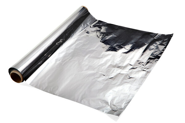 Open roll of aluminum foil food on a white background.