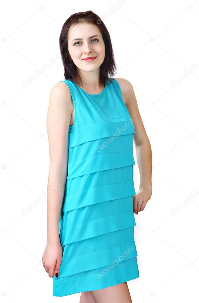 Girl 18 years old, in light blue sleeveless dress