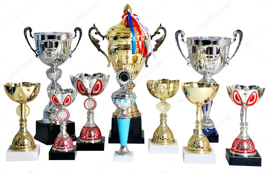 Several gold and silver prize cup, trophy, on white background