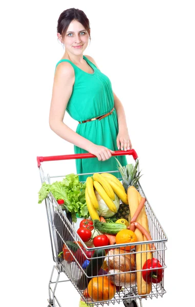 Carro lleno de verduras, carritos de supermercado, aislado sobre fondo blanco —  Fotos de Stock