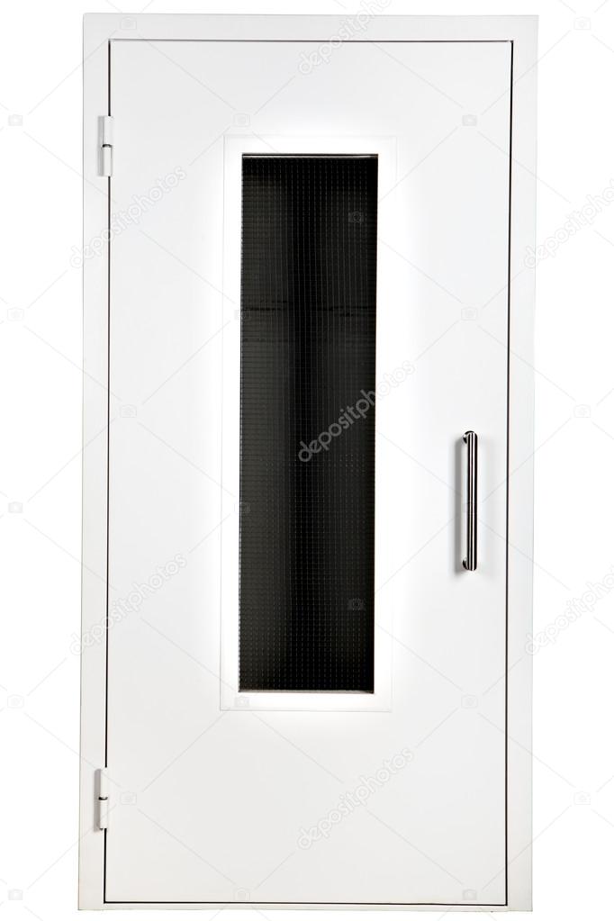White steel door with glass, isolated over white background.