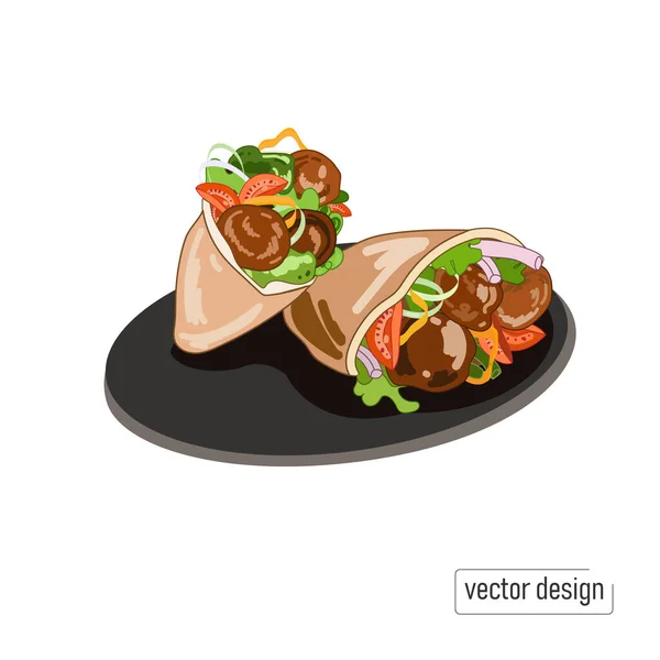 Falafelbollar i vitabröd med grönsaker och sallad, på vit bakgrund.Vektorillustration — Stock vektor