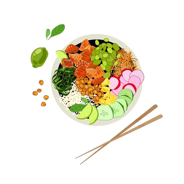 Tazón para picar salmón con arroz, wakame y pepino, rábanos, zanahorias, garbanzos y otras verduras — Vector de stock