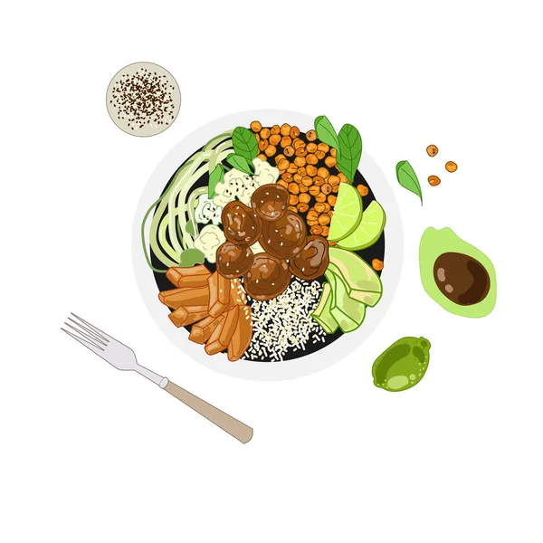 Falafel bowl with vegetables rice, chickpeas and sweet potato slices, falafel balls in a bowl. Vector illustration — Stock Vector