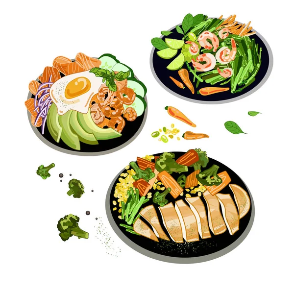 Set borden met verschillende gezonde voeding, Chicken fele met broccoli, Salmon fele met avocado. Garnalen met asperges — Stockvector
