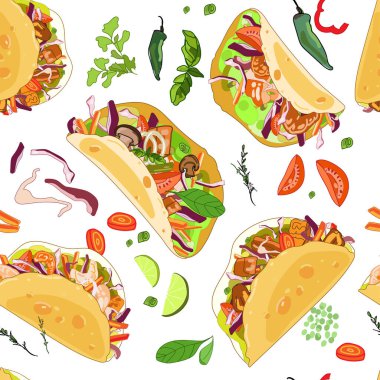 Farklı malzemeli takolarla kusursuz desen. Et, karides, tavuk, mantar ve sebze. Vektör tasarımı.