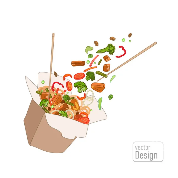 Comida china en una caja de cartón para llevar, fideos con carne frita y verduras, — Vector de stock