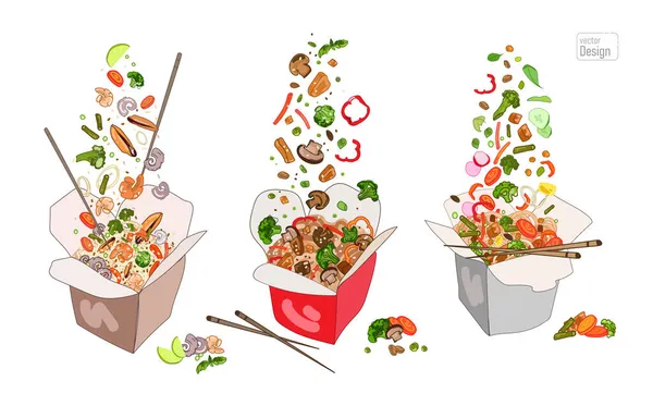 Набор коробок для еды на вынос, китайская лапша и рис с мясом, морепродукты, овощи и грибы, векторная иллюстрация — стоковый вектор