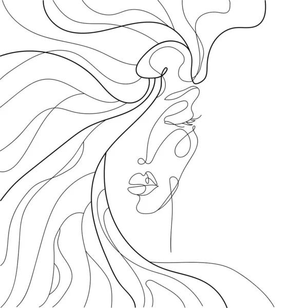 Rostro femenino abstracto, retrato surrealista de una mujer con el pelo largo aislado sobre fondo blanco — Vector de stock