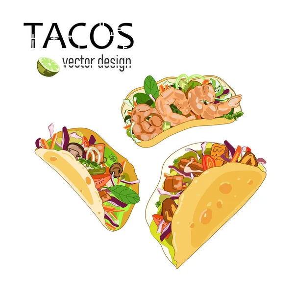 Drei Tacos, verschiedene Füllungen in einer Maistortilla, mit Fleisch und Gemüse, Garnelen und Pilzen — Stockvektor