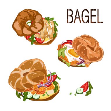 Farklı dolgulara sahip simitler, beyaz arkaplanda izole edilmiş vektör illüstrasyonu