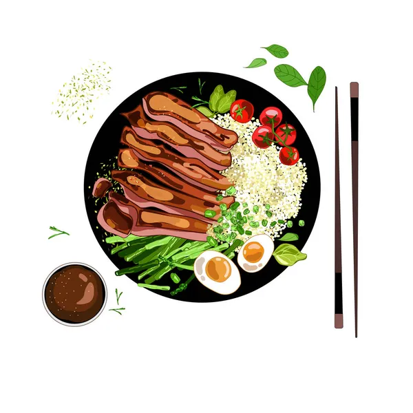 Teriyaki steak rýžová mísa s ratolestí rajčat, vajíčkem a chřestem, výhled shora, ruční kresba.Vektorová ilustrace — Stockový vektor