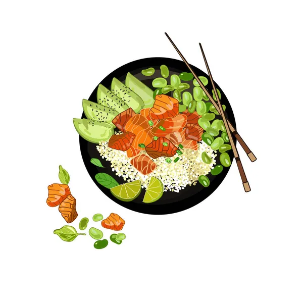 Zalmrijst teriyaki kom avocado bovenaanzicht, met de hand getekend in realistische cartoon stijl, — Stockvector