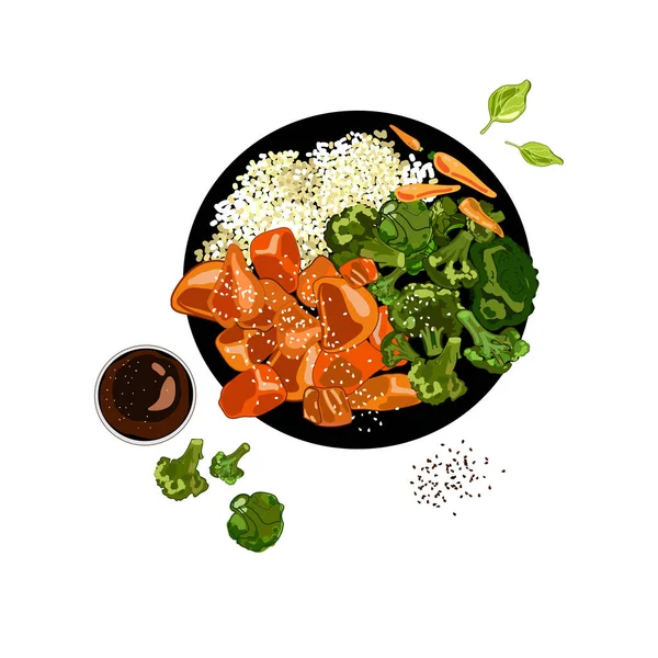 Trozos de filete de pollo con arroz y brócoli y zanahorias jóvenes en salsa dibujada en un estilo realista de dibujos animados — Vector de stock