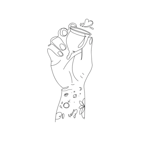 Konsep tanpa limbah. Cangkir menstruasi di tangan wanita dengan tato.. gambar vektor dari produk kebersihan feminin - Stok Vektor
