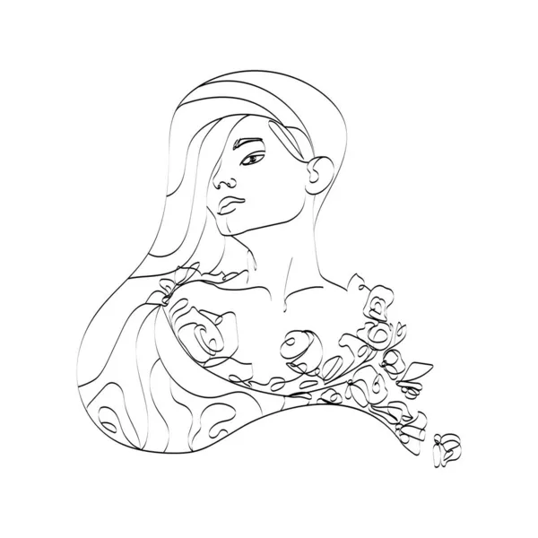 Belle jeune femme aux cheveux longs, portraits abstraits féminins dessinés à la main dans un style linéaire contour — Image vectorielle
