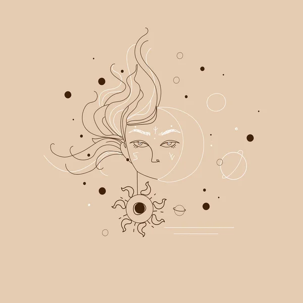 Ilustração surreal abstrato, retrato de uma mulher com runas escandinavas em seu rosto, com um mês com o sol — Vetor de Stock