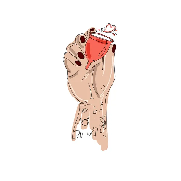 Menstruation kopp i en kvinnlig hand, hand ritning i en skiss stil isolerad på vit bakgrund. — Stock vektor