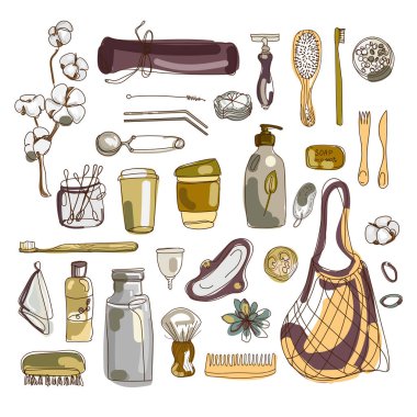 Çizim çizimi tarzında çizilmiş sıfır atık yaşam tarzı vektör el. Çevre dostu eşyalar koleksiyonu.