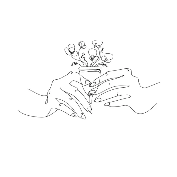 Overzicht schets illustratie.Menstruatiebeker met bloemen in vrouwelijke handen, met de hand getekend.Vector illustratie — Stockvector