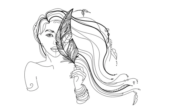 Cara de mujer con dibujo estilizado del contorno de la pluma. Mujer con pelo largo y plumas, estilo Ethno. Vector — Vector de stock