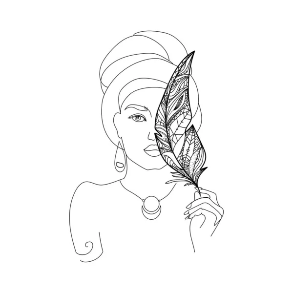 Abstraktní ženský obličej nakreslený ve stylu.Krásná mladá žena s turbanem na hlavě držící peříčko v ruce — Stockový vektor