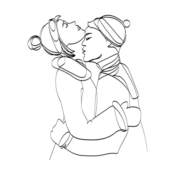 Pareja de jóvenes felices mujer y hombre abrazos, bosquejo dibujado a mano.Vector esquema ilustración de los amantes — Archivo Imágenes Vectoriales