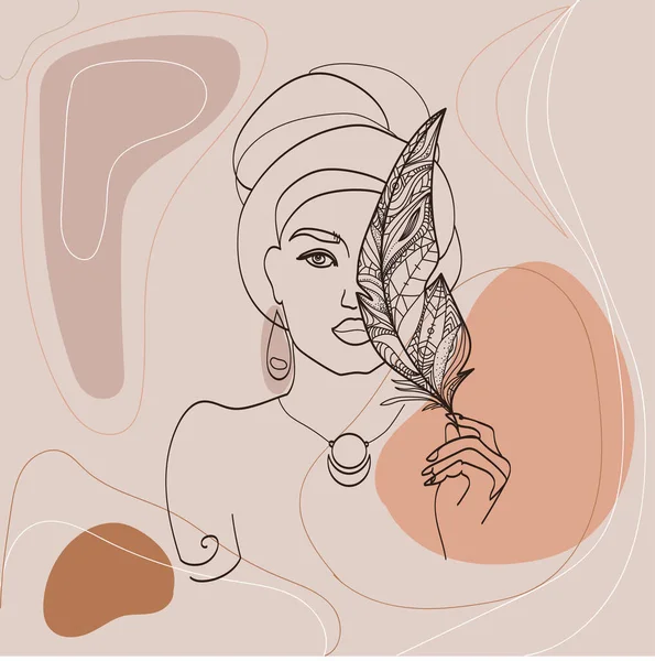 Contour drawing of a woman in a turban with a feather in her hand on an abstract background with lines and spots — Stock Vector
