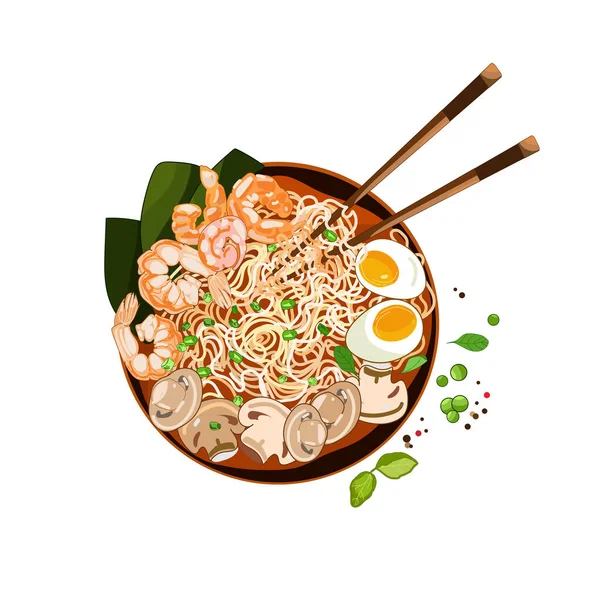 Ramen bowl with shrimps,egg,mushrooms,nori and chopsticks isolated on white background, top view.Vector — Stock Vector