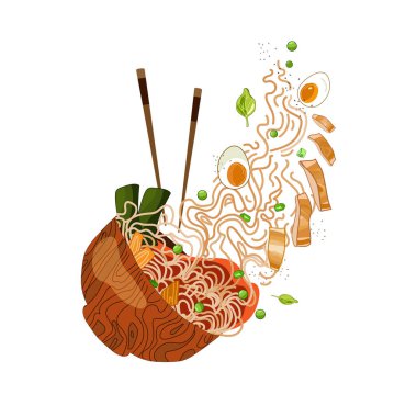 Tavuk yumurtalı erişte çorbası ve yemek çubuklarıyla ahşap bir kaseden uçan sebzeler. Vektör illüstrasyonu