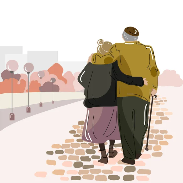 公園を歩くカップルの老人と女性。ベクトルカラーイラスト — ストックベクタ