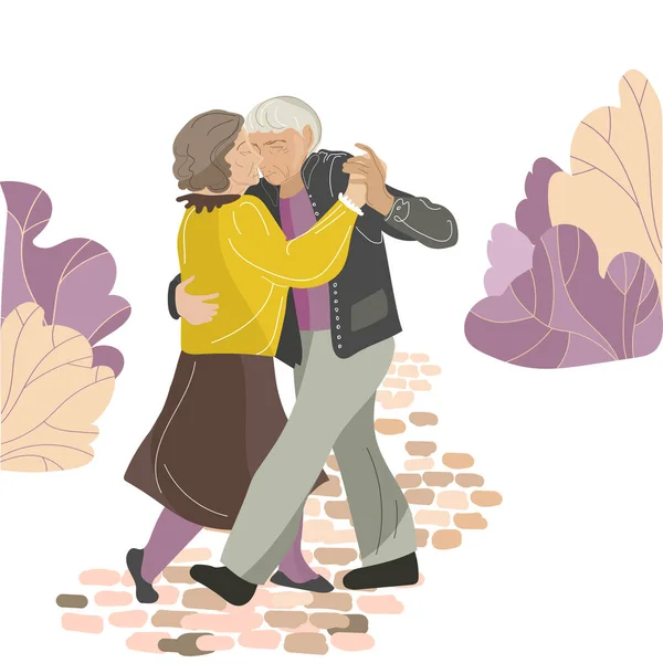 Pasangan tua aktif menari di taman vektor ilustrasi. Wanita tua bahagia dan pria berjalan - Stok Vektor