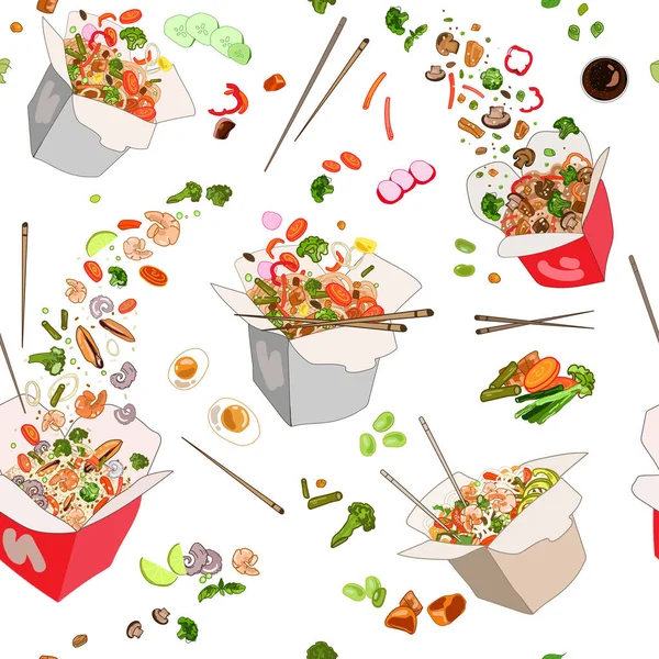 Nourriture chinoise en boîtes motif sans couture sur un fond blanc. Boîtes alimentaires en carton, différents remplissages. — Image vectorielle