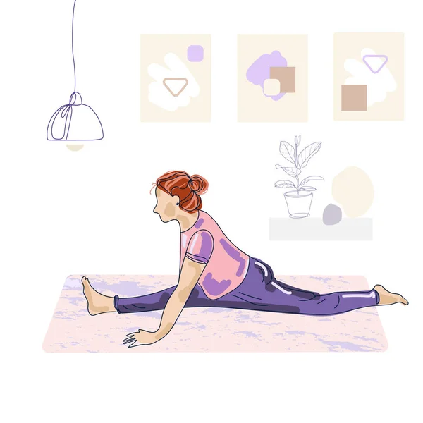 Mujer haciendo estiramiento en casa en la alfombra en el suelo. Mujer adulta sentada en twine.vector dibujo ilustración — Archivo Imágenes Vectoriales
