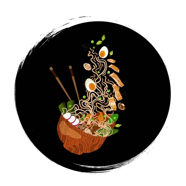 Logotipo del tazón de fideos Ramen ilustración de alimentos vectoriales dibujado a mano en estilo realista de dibujos animados. Cocina asiática, ramen — Archivo Imágenes Vectoriales