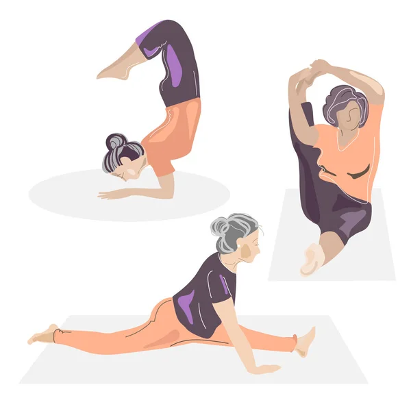 Conjunto vectorial de mujeres mayores haciendo fitness y yoga.estilo de vida saludable para las personas mayores. Aislado. Ilustración vectorial. — Archivo Imágenes Vectoriales