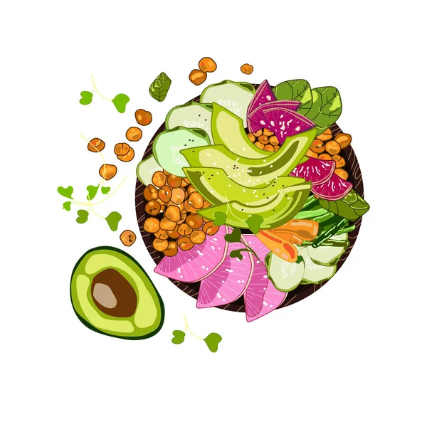 Vegan detox Boeddha kom met kikkererwten, avocado, radijsjes, wortelen, kruiden en sesam.Vector voedsel illustratie bovenaanzicht. — Stockvector